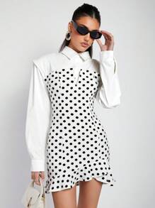 SHEIN X ELOISA & ORSON COSMINA Vestido mini elegante de mujer para fiestas y cócteles con lunares y dobladillo asimétrico, para primavera/verano