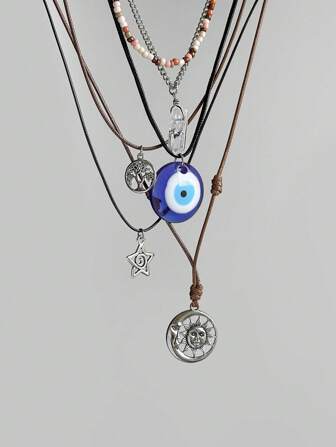 Fairycore 6pcs Fashionable Hippie Minimalist Spiral, Star, Moon, Sun Crystal Beaded Pendant Necklace Set