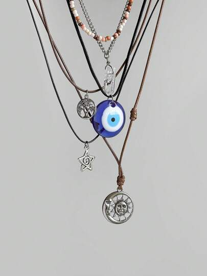 Fairycore 6pcs Fashionable Hippie Minimalist Spiral, Star, Moon, Sun Crystal Beaded Pendant Necklace Set