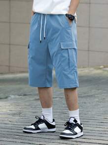 Claim Dot Men's Solid Color Drawstring Waist Wide Leg Loose Casual Shorts, Men's Multi-Pocket Work Shorts, Men's Casual Shorts. Suitable For Daily Wear, Going Out, School, Party, Home, Travel, Music Festival. Also Suitable For Giving To Family And Friends