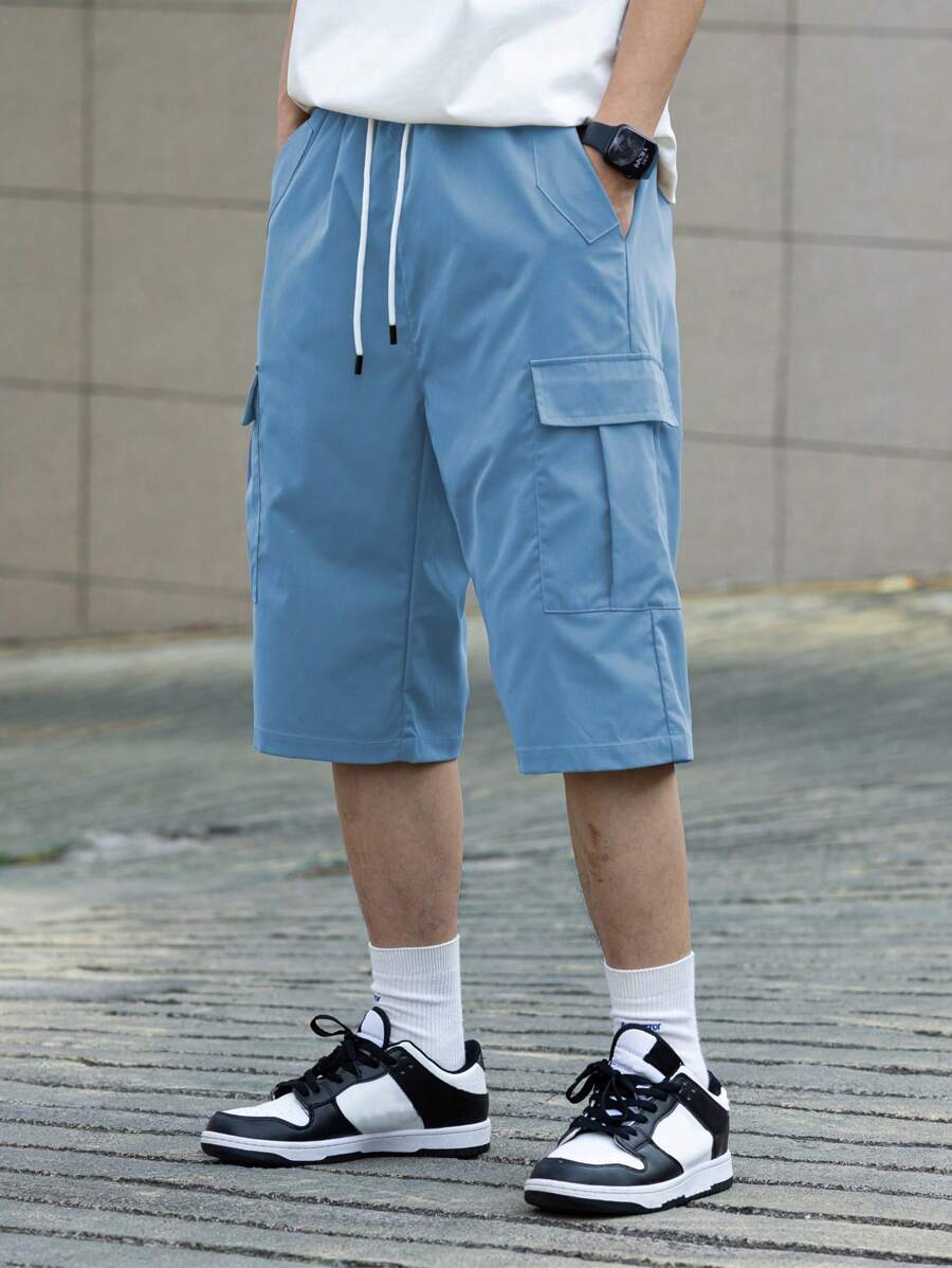 Claim Dot Men's Solid Color Drawstring Waist Wide Leg Loose Casual Shorts, Men's Multi-Pocket Work Shorts, Men's Casual Shorts. Suitable For Daily Wear, Going Out, School, Party, Home, Travel, Music Festival. Also Suitable For Giving To Family And Friends