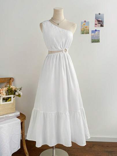 Soleia 女士长款镂空单肩露背连衣裙，白色，适合度假、音乐节、波西米亚风、节日、约会