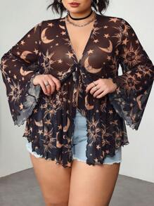 SHEIN CURVE+ Blusa de manga larga con cuello en V con estampado de estrellas y lunas para mujeres talla grande, ideal para el festival de música y el Ramadán