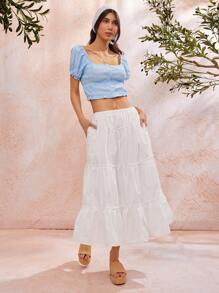 WESTFADE Falda acampanada con volantes de cintura alta de popelina de estilo occidental para el verano, ideal para vacaciones en la playa de primavera