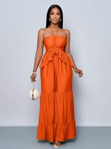 SOLERSUN Women's Casual Beach Vacation Style Halter Neck Drawstring Pleated Front Ruffle Hem Wide Leg Jumpsuit - Orange - View 6