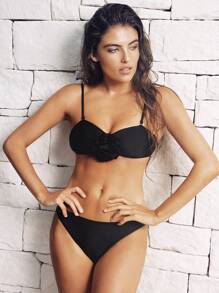 Swim Lushoire 3pcs Women Solid Color Bikini Set With Detachable Strap, And Solid Color Mesh Cover Up, For Summer Beach Vacation - Black - View 2