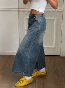 DAZY 西部休闲做旧洗水阔腿3/4牛仔裤，带口袋，女式，夏季，宽松牛仔裤