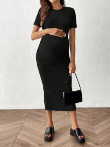 SHEIN Robe décontractée à manches courtes à col rond, ajustée et côtelée, de couleur unie pour femme enceinte