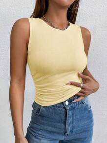 Sweetra 女士纯色圆领褶皱休闲百搭背心 - 黃色 - 查看 4