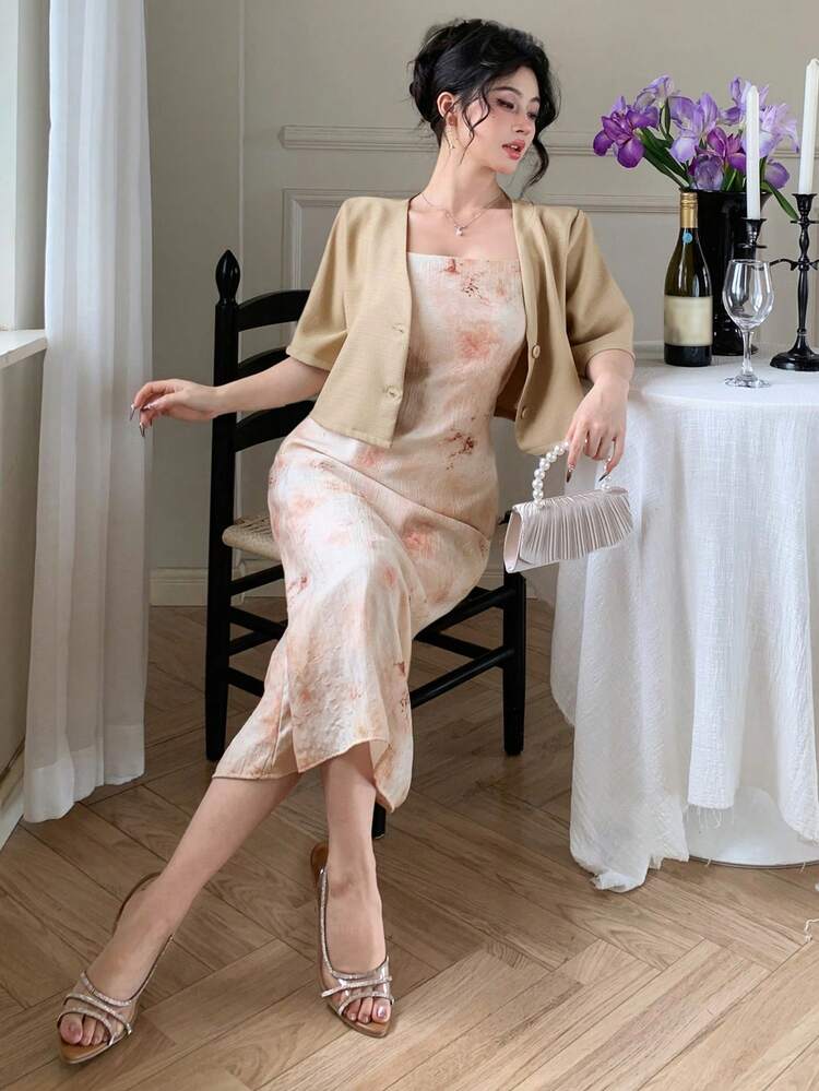 2pcs/Set Women Floral Pattern Dress And Short Blazer Jacket