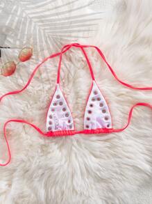 Beach For Women, Rivet Sexy Party Music Festival Daily Casual Vacation Beach Hollow Out Swimwear Top, Versatile One Piece Halter Bikini For Summer - Pink - View 2