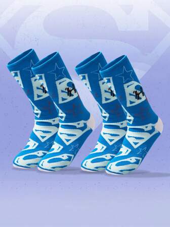 SUPERMAN X ROMWE 1 Paar Geometrisch bedruckte Intarsia Socken in Knöchellänge, süßes Design, bequem und atmungsaktiv, geeignet für Paare, Schule, Alltag, Sport, Feiertage, Halloween