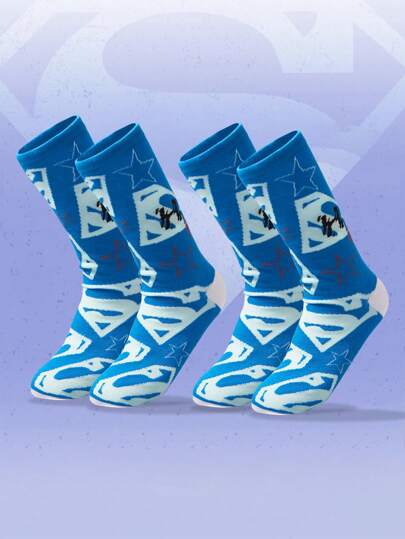 SUPERMAN X ROMWE 1 Pair Geometric Print Intarsia Mid-Calf Socks, & Cute Design, Comfortable & Breathable, Suitable For Couples, School, Everyday, Sports, Holiday, Halloween