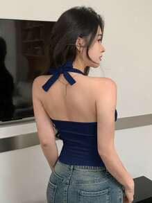 DAZY 性感修身露背镂空细肩带女士吊带背心，夏季性感露背上衣，适合度假穿着。 - 藏蓝色 - 查看 4