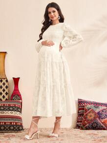 SHEIN Maternity Lantern Sleeve Ruffle Trim Jacquard Waist Cinched Dress - Apricot - View 5