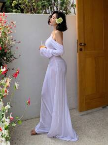 DAZY طقم بكيني بأكمام طويلة وفستان كوفر أب شفاف بلا ظهر للعطلات الصيفية