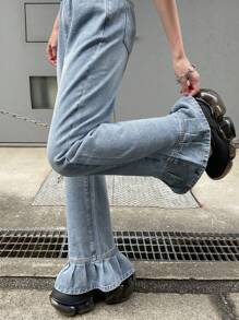 FRIFUL Women's Denim Flared Pants, Jeans, Spring/Summer - Medium Wash - View 1