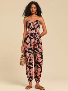 Travachic Vacation Casual Plant Print Bandeau Jumpsuit,Vacation Outfit,Suitable For Summer,Summer Outfits For Women,Summer , Summer Clothes,Women,Concert Outfit Women,Boho,Tropical Vacation