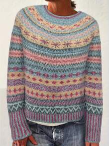 كنزة صوفية نسائية كاجوال بنمط هندسي مزخرف وخطوط، بتصميم محبوك، بلوزة شتوية - متعدد الألوان - مشاهدة 1