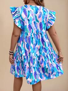 Travachic Plus Size Boho Vacation Round Neck Short Cap Sleeve Fluffy Feather Print Dress, For Summer,Beach Dress Sundress,Holiday Outfits