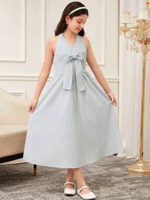 SHEIN Tween Girls Bow Decor Striped Mid-Length Casual Dress - Light Grey - View 8