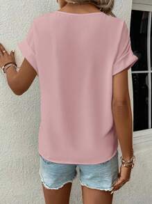 SHEIN Clasi Women's Plain V-Neck Casual Short Sleeve Blouse - Dusty Pink - View 2