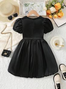 Vestido de bloque de color negro y blanco con decoración en 3D en forma de lazo elegante y minimalista para niña preadolescente, adecuado para salidas, escuela y fiestas - Negro - Ver 2