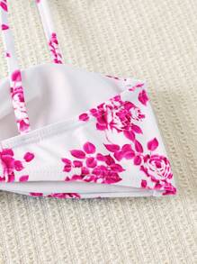 SHEIN Swim Set Pakaian Renang Bikini dan Cami dengan Motif Bunga dan Kotak-kotak untuk Liburan Pantai Musim Panas - Hot Pink - View 3