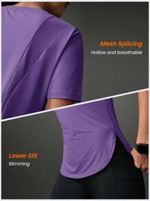 Powerista Áo thun thể thao ngoài trời cổ tròn tay ngắn màu trơn dành cho nữ - Màu tím - Xem 4