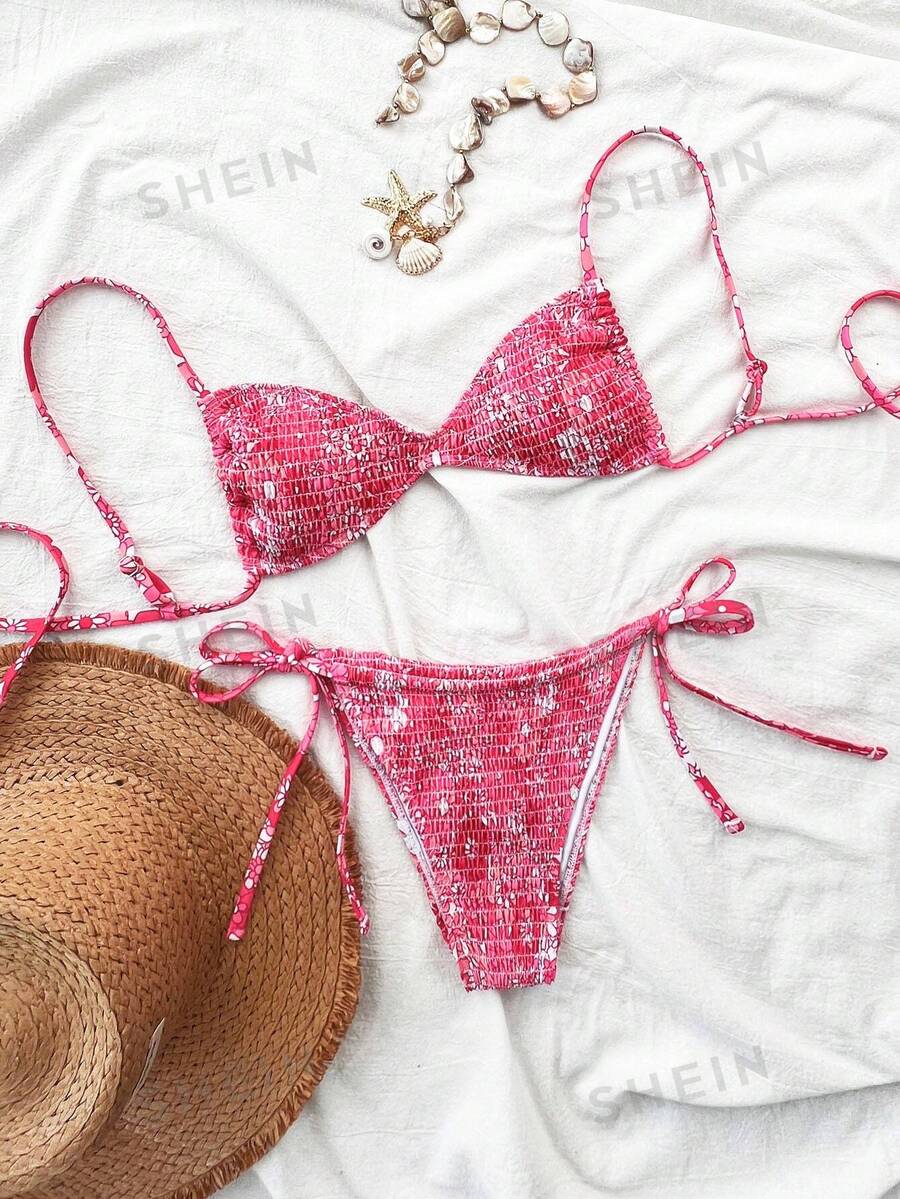 SHEIN Swim 2 piezas Conjuntos de ropa de playa para mujer, Conjunto de bikini con estampado, tirantes finos y abertura sexy para verano y vacaciones