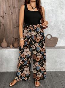 SHEIN LUNE Vacation Style Casual Vintage Ditsy Floral Graphic Loose Plus Size Jumpsuit, Suitable For Spring And Summer Suitable For Going Out