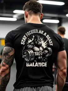 Manfinity Sport Corelite Plus Size Men's Gorilla Logo Print Short Sleeve Sports T-Shirt, Gym Tshirt Men, Men Workout Shirt, Workout Shirts, Black Gym Shirt, Fitness Shirts
