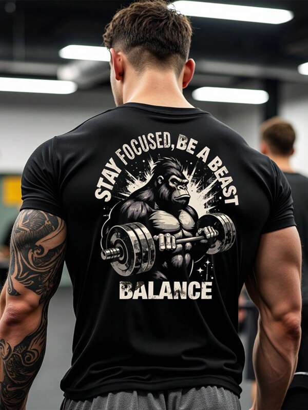 Manfinity Sport Corelite Plus Size Men's Gorilla Logo Print Short Sleeve Sports T-Shirt, Gym Tshirt Men, Men Workout Shirt, Workout Shirts, Black Gym Shirt, Fitness Shirts