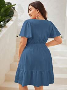 SHEIN VCAY Plus Size Women Solid Color Button Design Ruffle Sleeve Casual Dress
