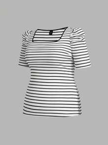 SHEIN Essnce 大码女式夏季休闲紧身方领T恤3件装，夏季，女式可爱上衣，条纹T恤，夏季 - 黑與白 - 查看 10