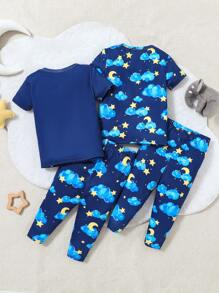 SHEIN Baby Boy Cute Cartoon Elephant, Star, Moon And Cloud Print Round Neck Short Sleeve + Pants Snug Fit Comfortable Pajamas Set, 2pcs