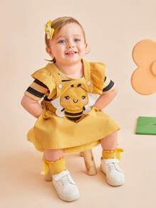 SHEIN Conjunto de 3 piezas para bebé niña (0-3 años): Mono casual con estampado de abeja y rayas, vestido babero, diadema - Amarillo - Ver 5