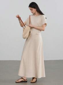 Dazy-Less Linen Minimalist Solid Color Cinched Waist Design Formal Women Midi Dress Old Money Style Sundress,Casual Women Dresses Business Casual Woman Work Clothes - Khaki - View 3