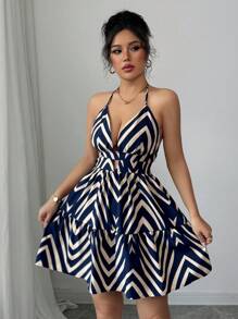 Elenzga Vestido casual de vacaciones para mujer con estampado bohemio, tirantes de espagueti y espalda descubierta - Azul Marino - Ver 4