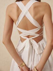 Poéselle 白色连衣裙海滩、度假、鸡尾酒会、派对、婚纱、婚礼宾客礼服女士、仙女裙、晚宴礼服、宾客礼服、女士性感镂空刺绣露背迷你连衣裙、度假风格女士夏季服装女士连衣裙女士优雅连衣裙 - 白色 - 查看 1