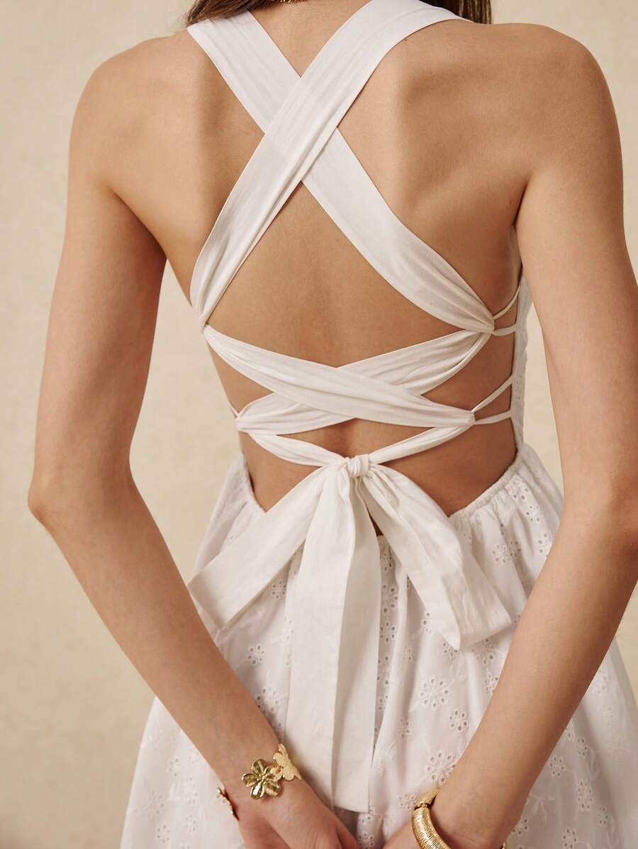 Poéselle 白色连衣裙海滩、度假、鸡尾酒会、派对、婚纱、婚礼宾客礼服女士、仙女裙、晚宴礼服、宾客礼服、女士性感镂空刺绣露背迷你连衣裙、度假风格女士夏季服装女士连衣裙女士优雅连衣裙 - 白色 - 查看 1