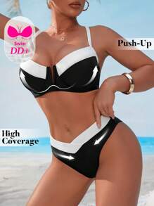 Swim DD+ Traje de baño para mujer de talla DD, conjunto de 2 piezas, top con escote en V y tirantes finos con efecto push-up y Bottom de corte alto, adecuado para vacaciones en la playa
