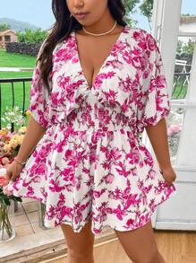 Flirla Plus Size Women Floral Print Elastic Waist Sleeveless Jumpsuit - Hot Pink - View 5