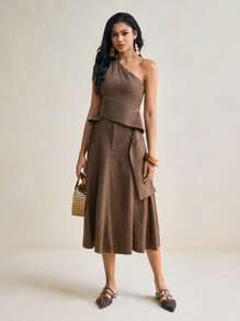 TSS Designer Mocha Brown Suede Asymmetric Top Long Peplum Boho Vacation Top - Mocha Brown - View 9