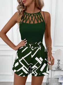 Conjunto de 2 piezas  Clasi para mujer, camisola amarilla con diseño geométrico hueco y pantalones cortos con bolsillos, conjuntos de verano - Verde Oscuro - Ver 7
