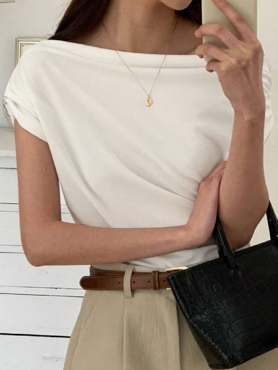 DAZY 女士斜肩褶T恤，简约时尚，适合夏季，露肩上衣 - 白色 - 查看 1