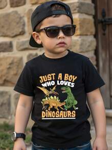 年轻男孩休闲恐龙印花字母卡通短袖 T 恤，夏季