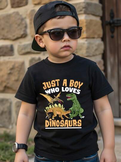 年轻男孩休闲恐龙印花字母卡通短袖 T 恤，夏季