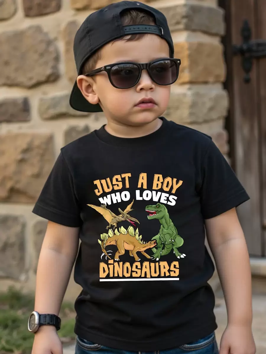 年轻男孩休闲恐龙印花字母卡通短袖 T 恤，夏季