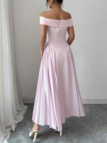 Elenzga Women's Elegant Off Shoulder Flared Dress, Spring/Summer - Pink - View 2